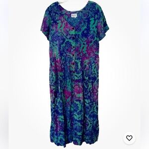 Pelican Cove Batik Dress M Tropical Fish Rayon Boho Hippie Side Pockets Sundress